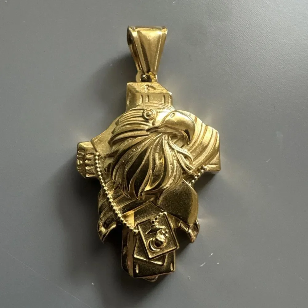 Cross Eagle Military Pendant Gold Plated Stainless Steel 24” Chain Gift Men’s